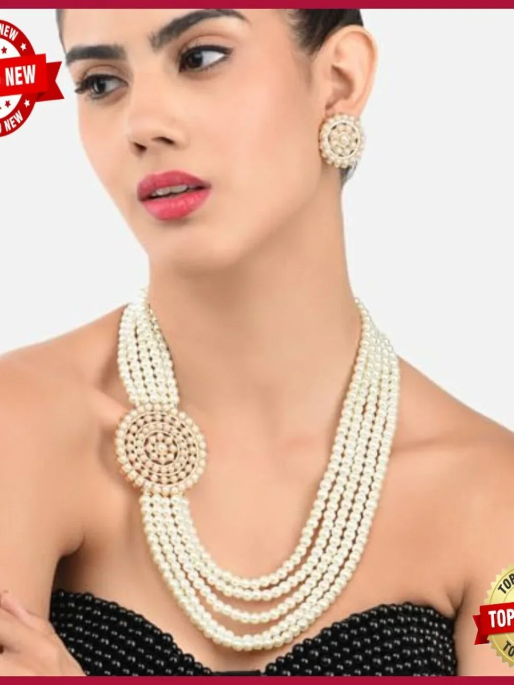 Traditional 5 Layer Kundan Pearl Necklace Earring Set